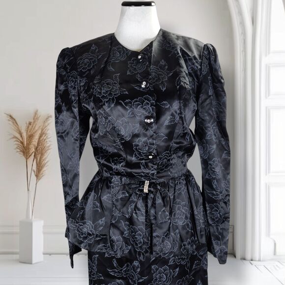 Vintage 80s Peplum Satin Midi Skirt Set Size 6 Black Floral Rose Print Goth - Picture 2 of 16